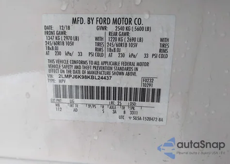 2019 Lincoln Nautilus Select z USA, uszkodzony, nr VIN 2LMPJ6K98KBL24437